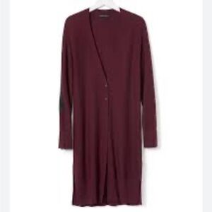Banana Republic Long Ribbed Button Cardigan Sweater Black Elbow Patch, Wine M